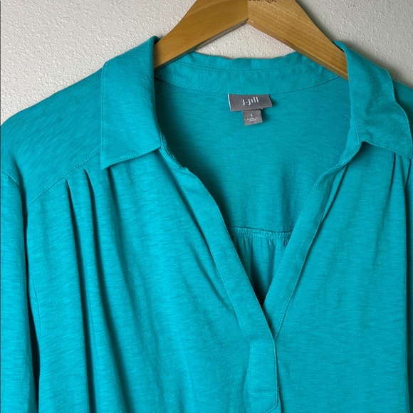 J. JILL Women Large Turquoise Cotton Roll Tab Sleeve Popover Collared Tunic Top - Picture 4 of 14